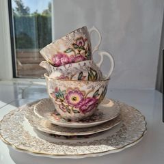 Vintage English Bone China Tea Set 22k Gold Chintz Pink Floral 6pc