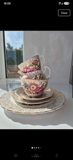 Vintage English Bone China Tea Set 22k Gold Chintz Pink Floral 6pc