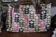 Orla Kiely Pink Green Tan Ivory Floral Stem Oilcloth Crossbody Bag