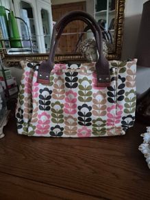 Orla Kiely Pink Green Tan Ivory Floral Stem Oilcloth Crossbody Bag
