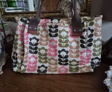 Orla Kiely Pink Green Tan Ivory Floral Stem Oilcloth Crossbody Bag
