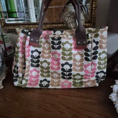Orla Kiely Pink Green Tan Ivory Floral Stem Oilcloth Crossbody Bag