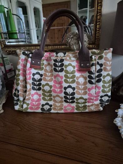 Orla Kiely Pink Green Tan Ivory Floral Stem Oilcloth Crossbody Bag