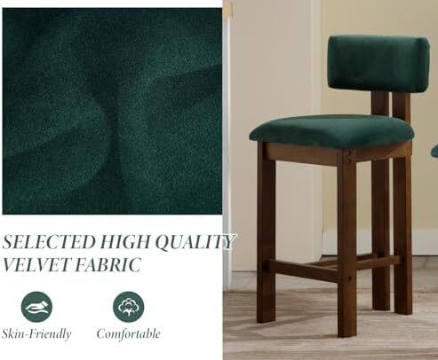 Set of 2 Velvet Bar Stools Wooden Kitchen Stools with Backrest