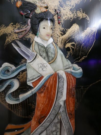Vintage large Japanese Mother of Pearl Wall Panel / Black Lacquer Geisha Warrior & Floral ORIENTAL WALL ART