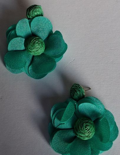 Chunky Raffia Green Fabric Flower Statement Earrings