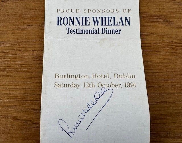 Ronnie Whelan Autograph (1991 Testimonial Dinner Card)