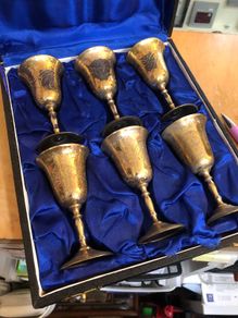 Vintage Etched Brass Chalice Set