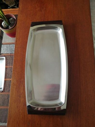 Vintage DKF Lundtofte Danish Stainless Steel Serving Dish Teak Handles