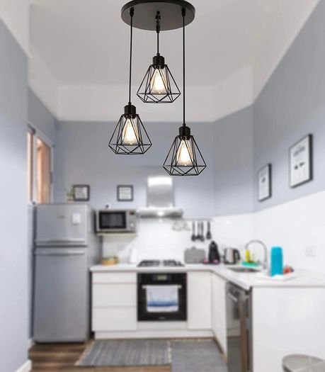 3-Light Pendant Light, Flush Mount Ceiling Light Fixture with Black Metal Cage Shade, Vintage Hanging Pendant Lighting for Kitchen, Island, Dining Room (FREE POSTAGE)