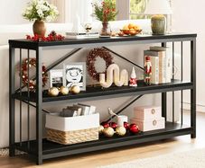 Console Table, Modern Entryway Tables for Hallway Living Room, Industrial Sofa Table Behind Couch, Farmhouse Wooden Metal Entry Tables for Foyer with 3-Tier Storage Shelves, Black Oak, 140cm