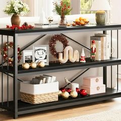 Console Table, Modern Entryway Tables for Hallway Living Room, Industrial Sofa Table Behind Couch, Farmhouse Wooden Metal Entry Tables for Foyer with 3-Tier Storage Shelves, Black Oak, 140cm