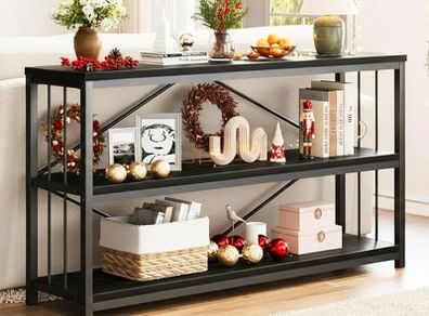 Console Table, Modern Entryway Tables for Hallway Living Room, Industrial Sofa Table Behind Couch, Farmhouse Wooden Metal Entry Tables for Foyer with 3-Tier Storage Shelves, Black Oak, 140cm