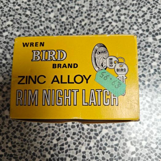 Wren Bird Brand Zinc Alloy Rim Night Latch, boxed, unused, hardware display piece advertising