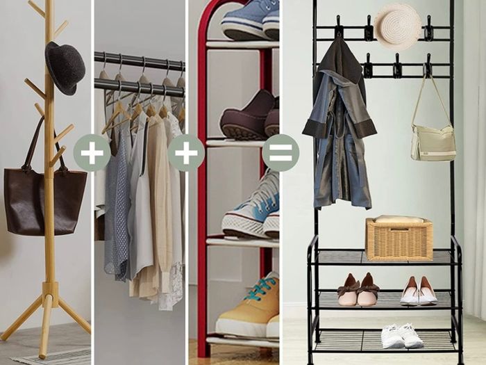Coat Rack Stand with Shoe Rack and Removable 16 Hooks Free Standing Hall Tree Matte Steel Frame Hat Rack Coat Stand for Storage MULTIPLE COLOURS AVAILABLE (FREE POSTAGE)