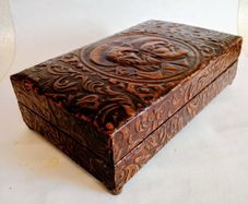Vintage Tooled Leather Musical Cigar Box with Accessories