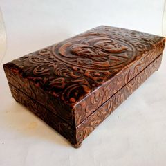 Vintage Tooled Leather Musical Cigar Box with Accessories