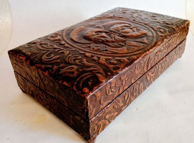 Vintage Tooled Leather Musical Cigar Box with Accessories