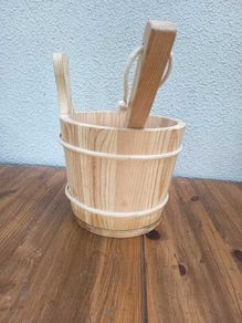 Wooden sauna bucket and ladle set
