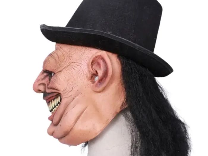 Zombie latex Halloween mask with hat and hair.