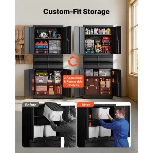 Metal Storage Cabinet, 81.5 kg Shelf Load Capacity, 1800 mm Tall Garage Tool Storage Cabinet with 4 Locking Doors and Adjustable Shelves, 2 Drawers, for Garage, Home, Office, Utility Room, Black