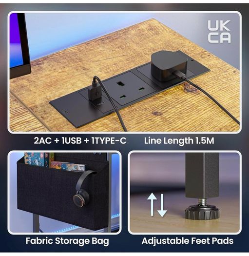 L Shaped Gaming Desk with LED Lights & Power Outlets, 120x80cm