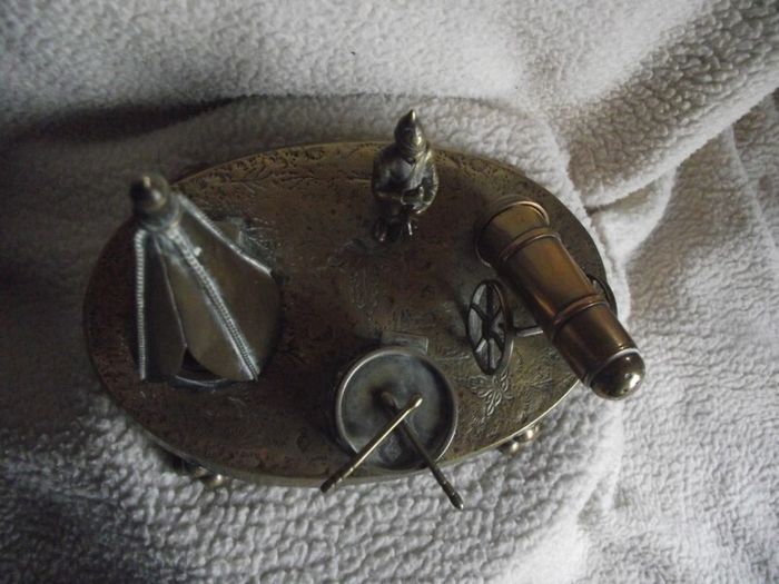 Victorian Brass Inkwell Desk Set - Military Theme - Lozenge Mark 13th January 1883