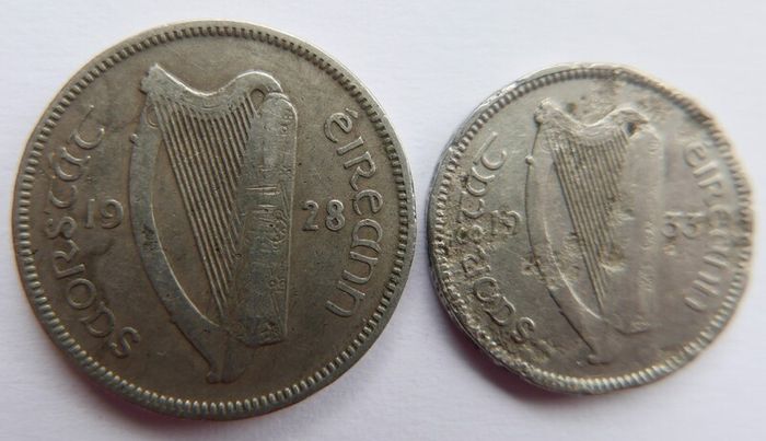 Vintage Irish Sixpence 1928 and 3 Pence 1933