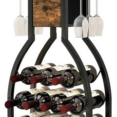 Wine Rack Freestanding Floor,Wine Storage 15 Bottles Bottle Rack with Glass Holders, Mini Bar Wine Cabinet with Storage Drawer for Home Bar Kitchen Dining Room,Rustic Brown,