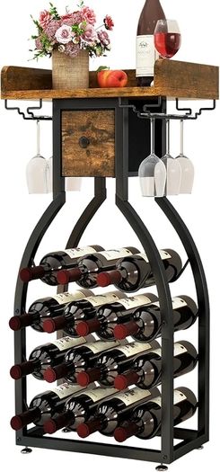 Wine Rack Freestanding Floor,Wine Storage 15 Bottles Bottle Rack with Glass Holders, Mini Bar Wine Cabinet with Storage Drawer for Home Bar Kitchen Dining Room,Rustic Brown,