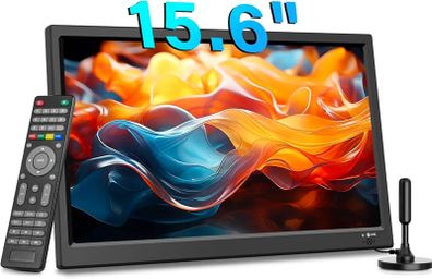 Portable Digital TV, 12V DVB-T2 TV, HDMI/AV/USB Inputs, Remote Control, 12V Car Charger Compatible,15.6inch,Black