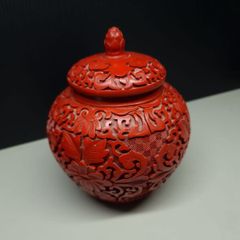 Vintage Red Cinnabar Style Lidded Jar 13.5cm Carved Floral Trinket Pot