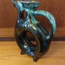 Fabulous Donut Shaped Bulgarian Pottery Bottle in Brown with Mint Green Drip Glaze Image 2