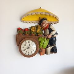 vintage 1977 New Haven Burwood WALL CLOCK Garden Cart Street Vendor Flowers WORKS  Gift decor shop presents florist
