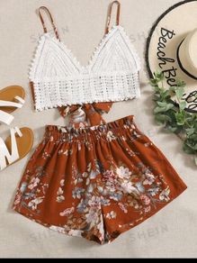 womens crochet top and floral shorts