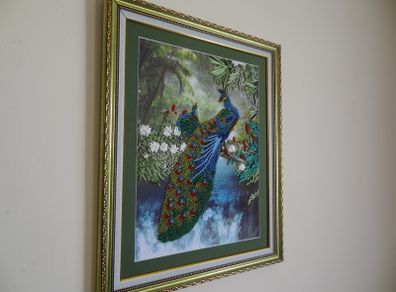 Stunning 3D embroidery Peacocks painting ribbons and beads hand made