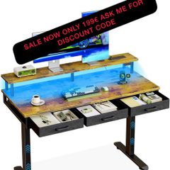 Electric Standing Desk, 120 x 54cm Height Adjustable Desk with 3 Drawers, RGB LED Strip & Charging Station