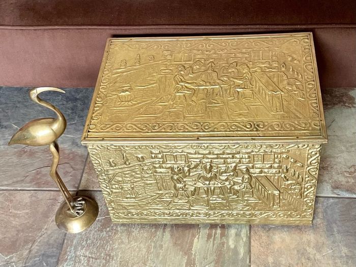 Ornate Brass Fireside Coal Box Embossed Tavern Scene