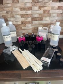 2 large pink  2 large black  5 small black  Reeds  Dowanol x2 1 unopened  Augeo Non hazardous diffuser base  Benzoin oil