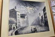 vintage decorator style heavy textured Venice gondola oil painting large impasto signed