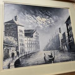 vintage decorator style heavy textured Venice gondola oil painting large impasto signed