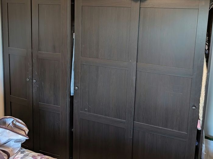 Two IKEA Rakkestad wardrobes black brown sold together