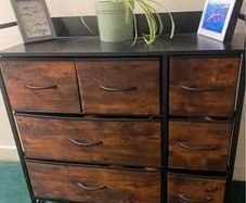 Black metal with fabric faux wood grain storage drawers
