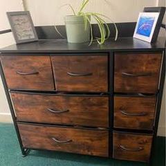 Black metal with fabric faux wood grain storage drawers