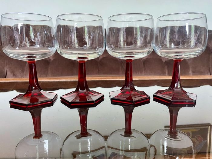 Vintage Luminarc Ruby Red Wine Glass Hexagonal Base Made in France