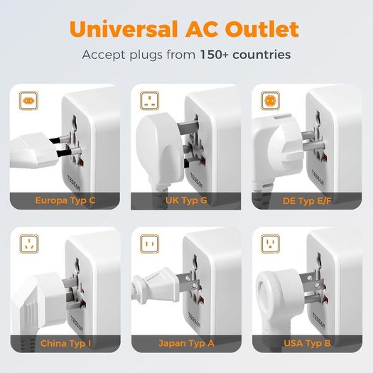 Universal Travel Adapter, Travel Plug Adapter Worldwide with 1 Universal AC Outlet 4 USB Ports (2 USB C), International Plug Adaptor for UK to Europe USA Australia (Type C G A I) Grey White