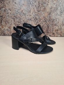 womens RALPH LAUREN sandals black leather block heels strappy buckle shoes Size UK 3.5 B EU 36.5