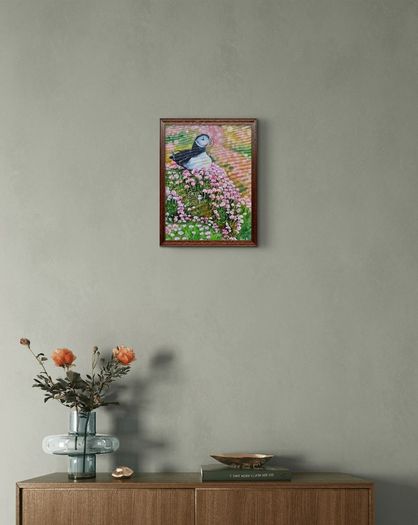 Puffin in the Sea Pinks | oil painting | framed