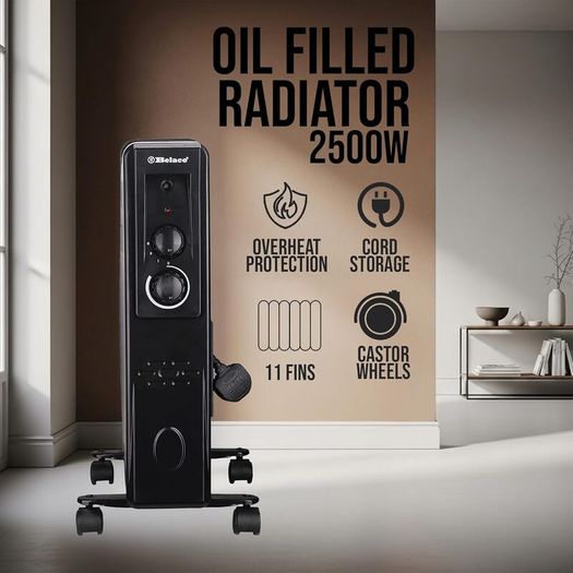 2500W Oil Filled Radiator Heater, 11 Fins Portable Electric Radiator with Adjustable Thermostat & Safety Cut-Off, Energy Saving Room Heater for Home & Office - Black