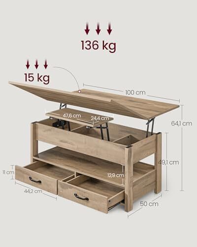 Coffee Table Height Adjustable Gas Cylinder 2 Drawers Camel Brown